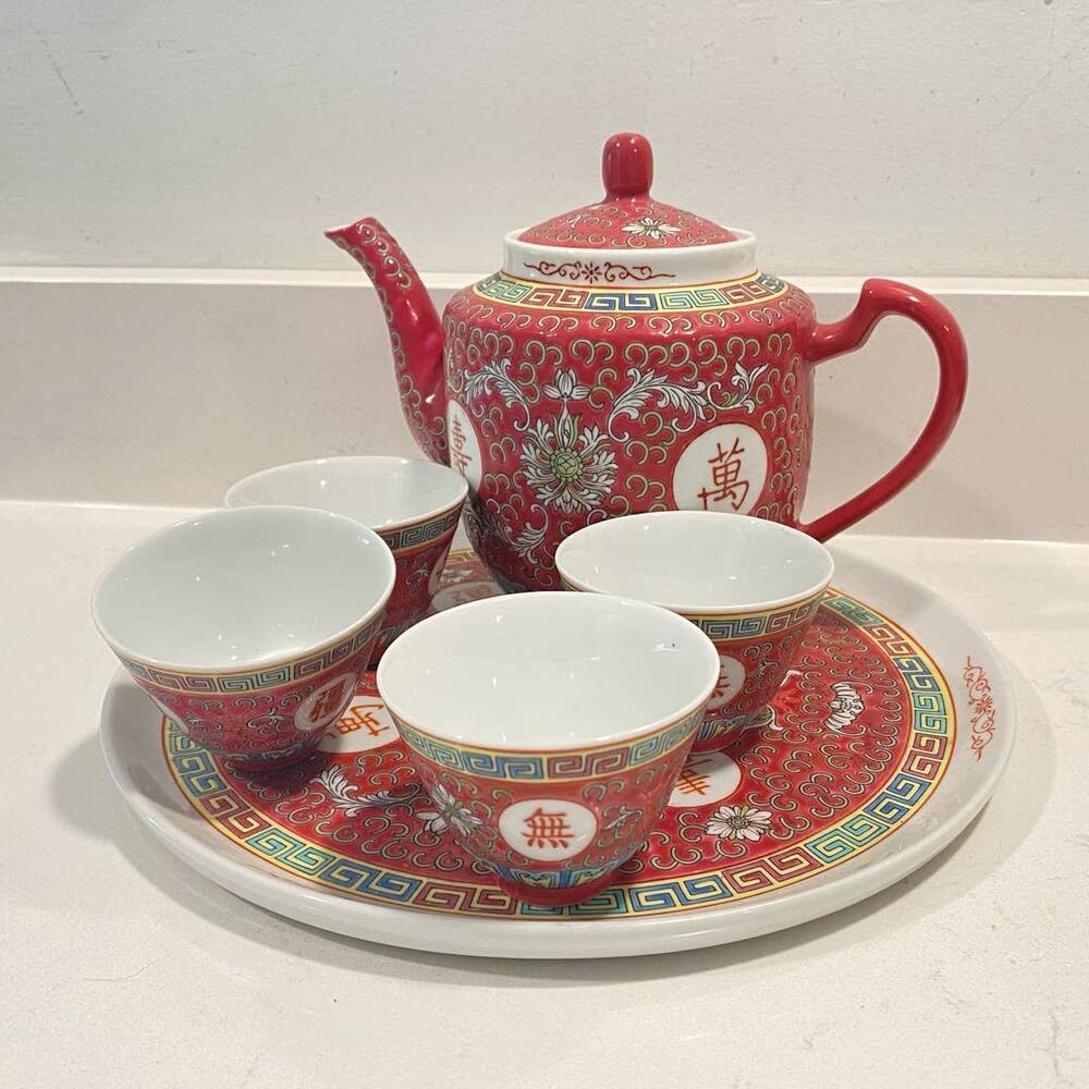 VTG Chinese Rose Mun Shou Rose Longevity Chinoiserie Hand Painted Tea Set 7pcs